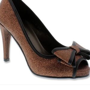 Rose Petals Copper Bling glitter Bow Heels with leather Trim